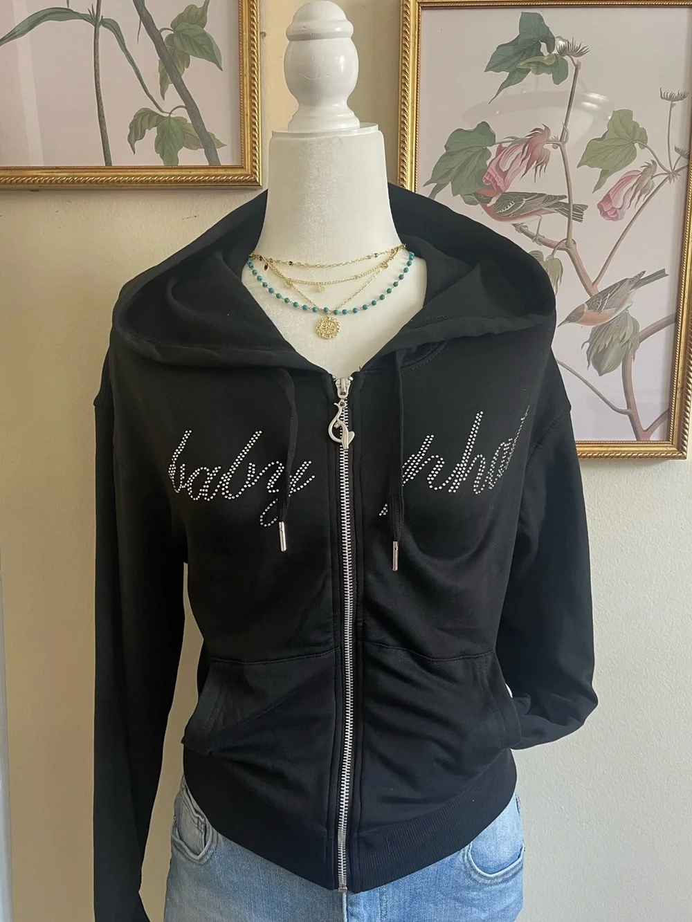 Baby Phat Black Rhinestone Zip Front Hoodie Jacket